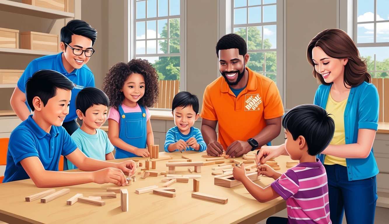 Children and parents gathered around a table, building small wooden projects with Home Depot staff