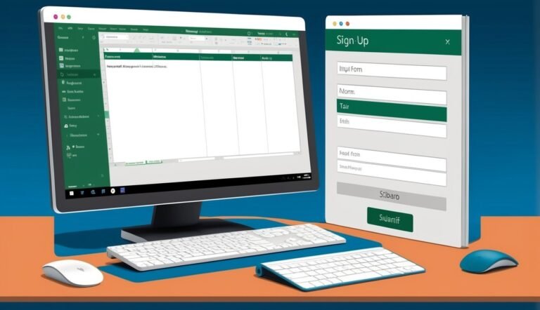 Computer monitor with spreadsheet and a sign-up form, keyboard, and mouse