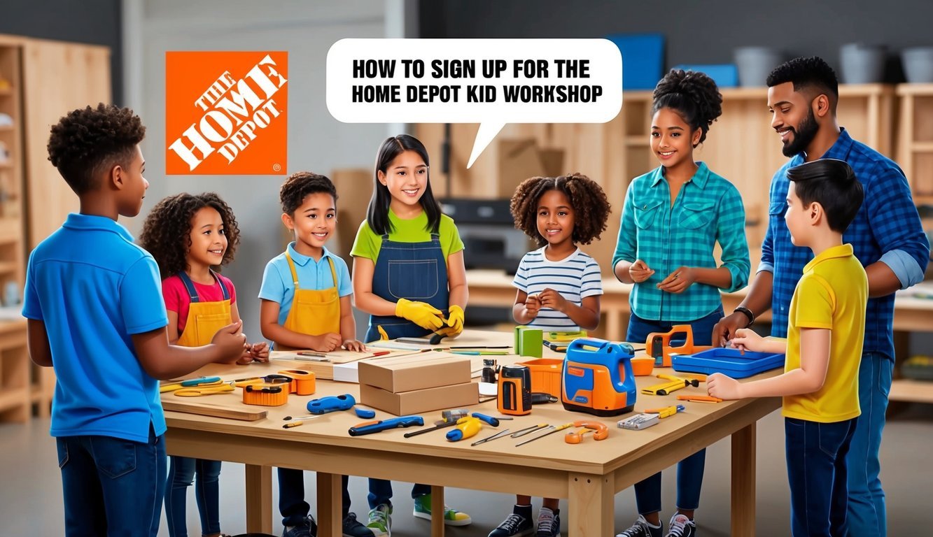 Children and parents gather at a workshop table, surrounded by tools and materials, as an instructor explains how to sign up for the Home Depot Kid Workshop