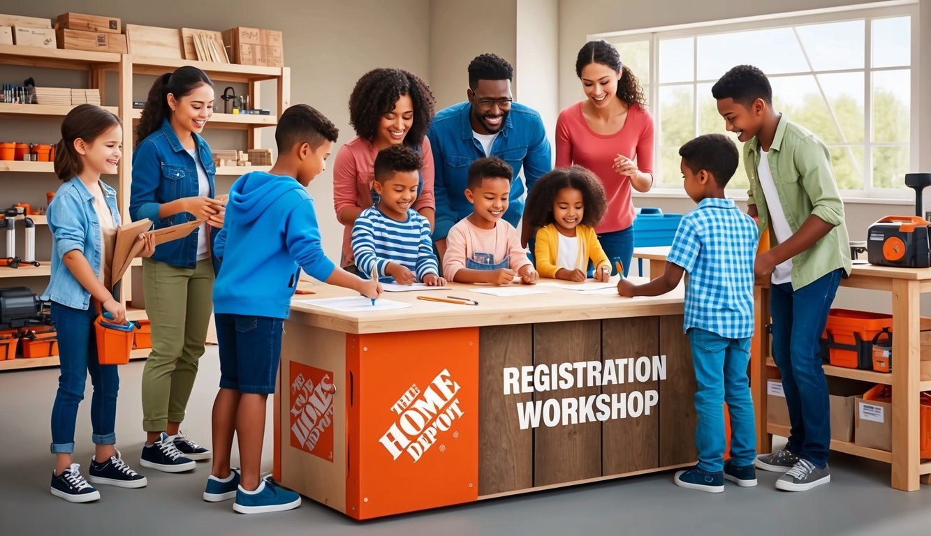 A group of children and parents gather around a registration table at Home Depot, eagerly signing up for the Kid Workshop.</p><p>Tools and materials for the workshop are displayed nearby