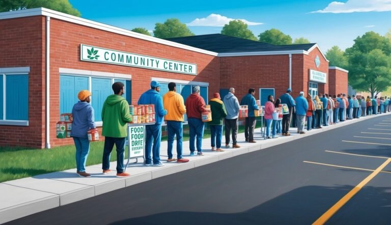 People line up outside a community center for food distribution