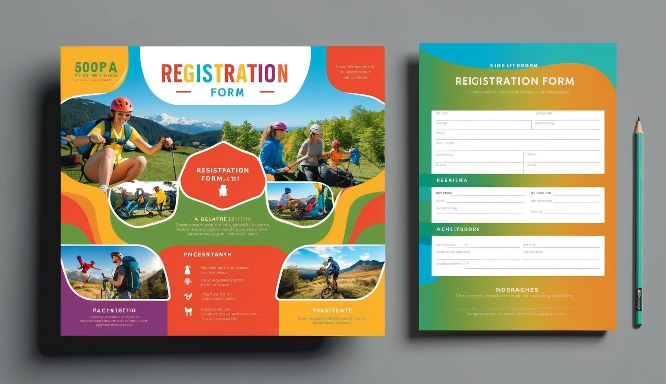 A colorful flyer with images of outdoor activities and a registration form