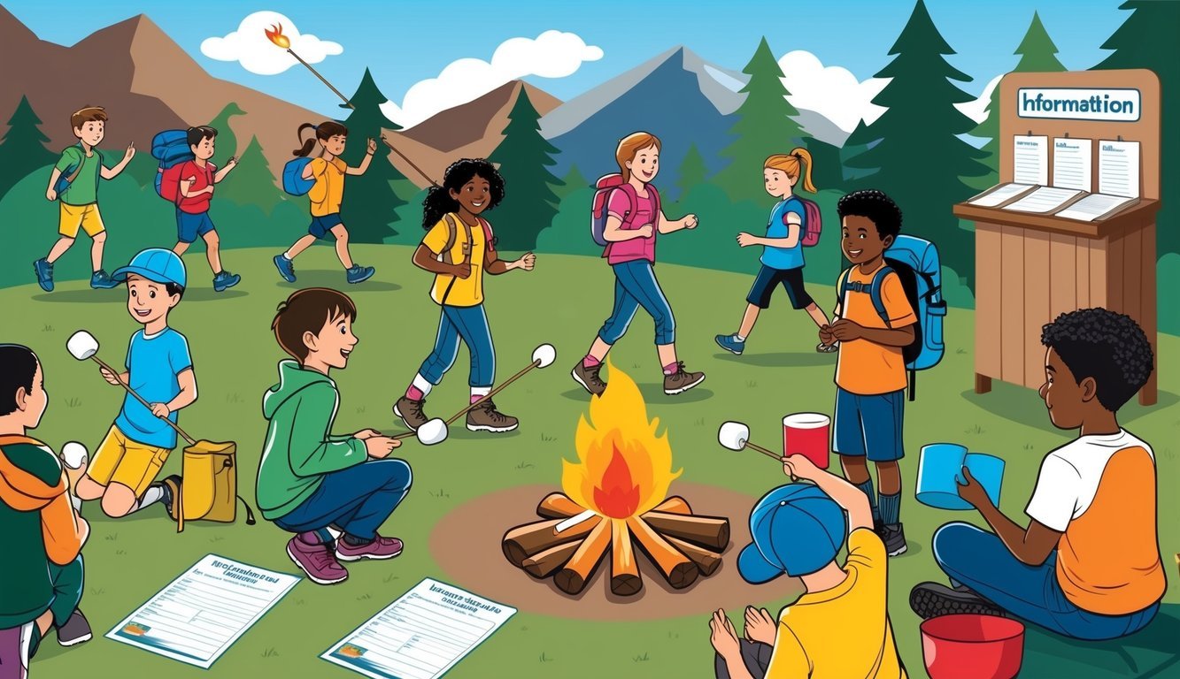 A group of kids playing outdoor games, hiking, and roasting marshmallows around a campfire.</p><p>Information booth with sign-up forms and brochures nearby