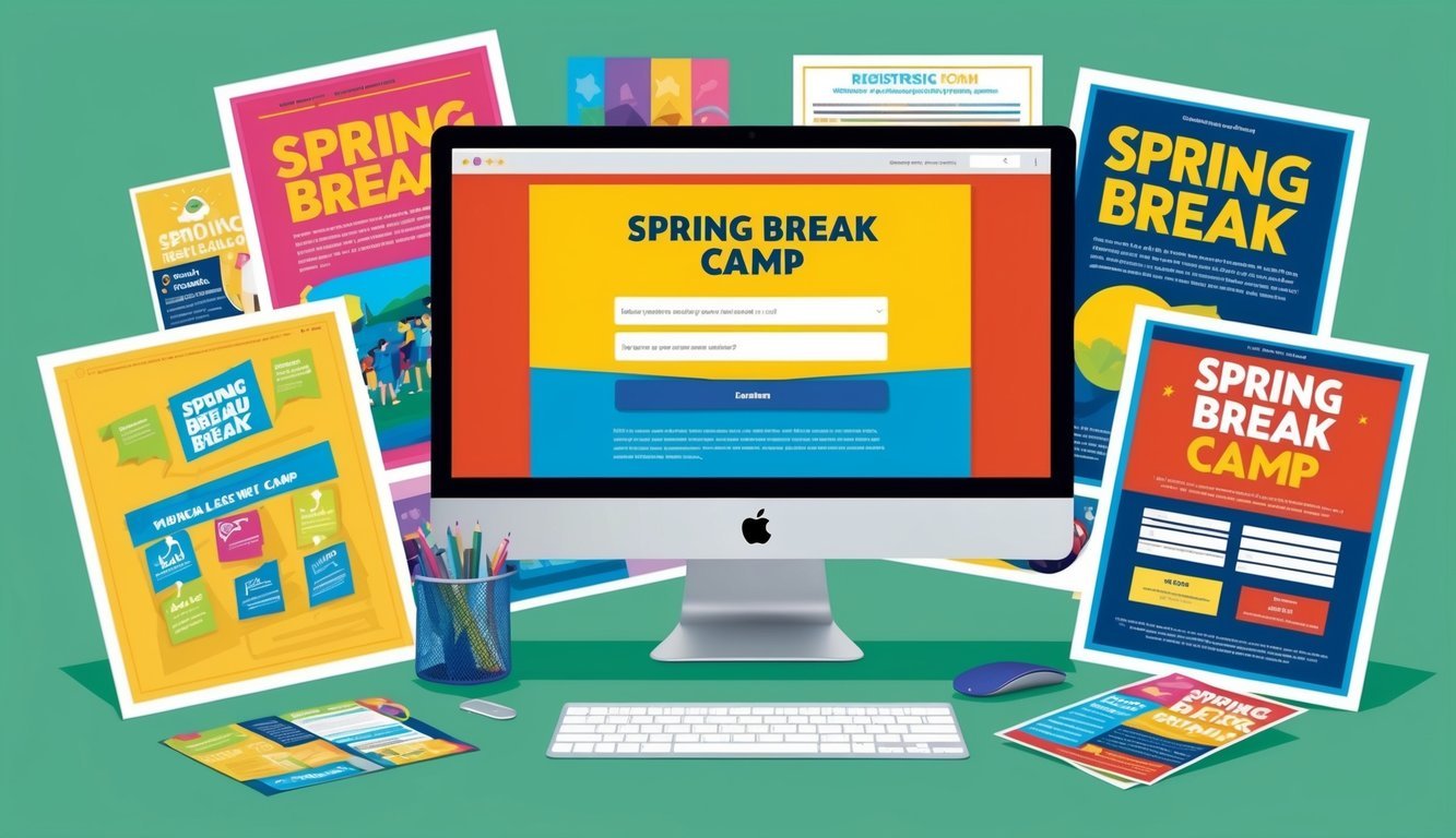 A computer screen displaying a website with a "Spring Break Camp" registration form, surrounded by colorful posters and flyers