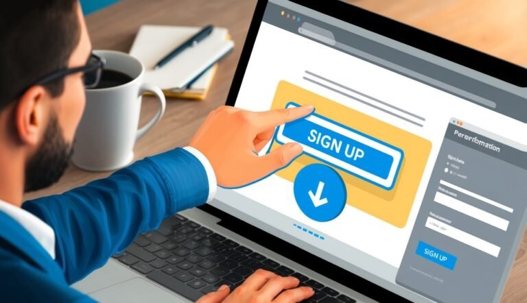 Man signing up on a laptop, with a "Sign Up" button highlighted