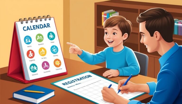 Boy and man looking at a calendar, filling out a registration form