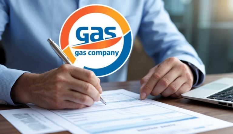 Person signing a document with a "Gas Company" logo in the background