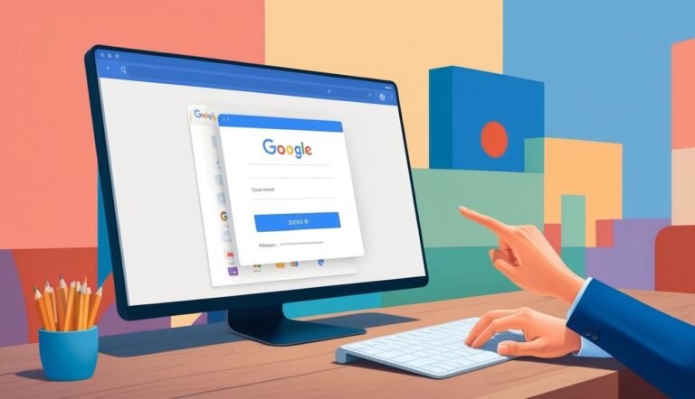 Person logging into Google account on a computer, pointing at the screen