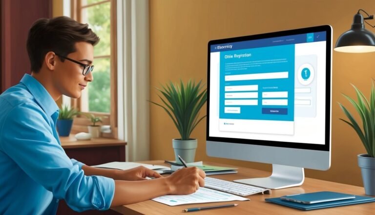 Man filling out a form while looking at a computer screen