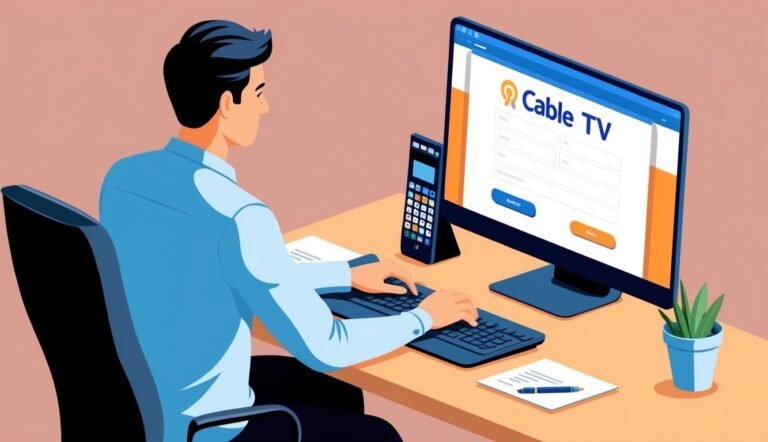 Man at desk using computer with Cable TV website open