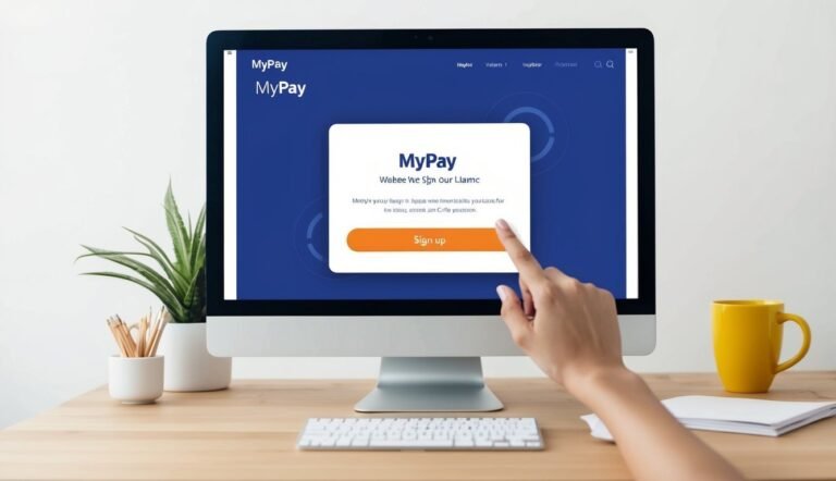 A hand pointing at a "Sign up" button on a MyPay website