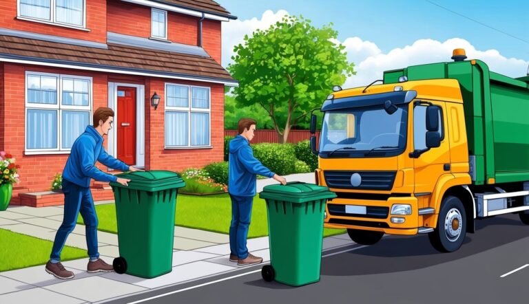 Two men with green bins near a garbage truck in front of a house