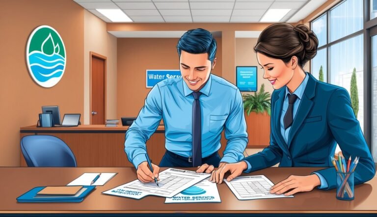 Two people reviewing documents at a water services office desk