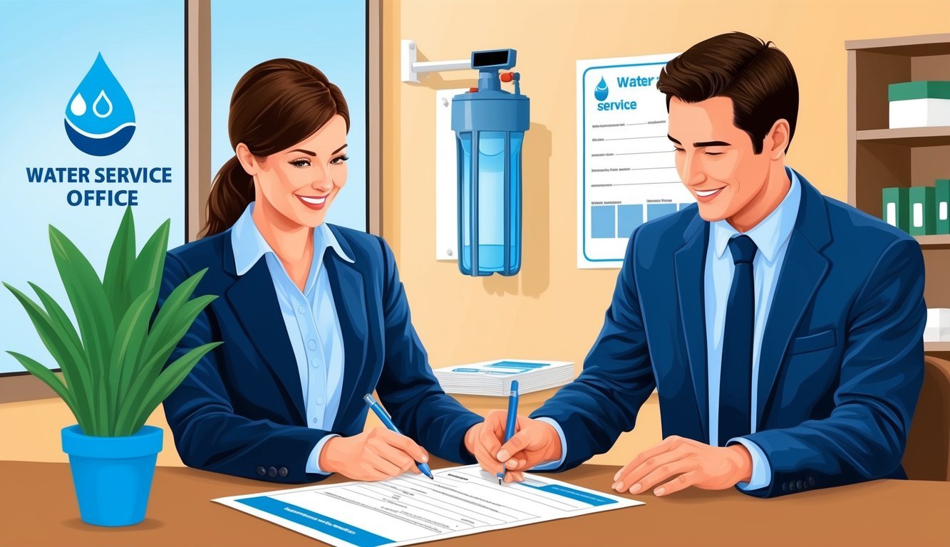 A person filling out a form at a water service office, with a customer service representative assisting