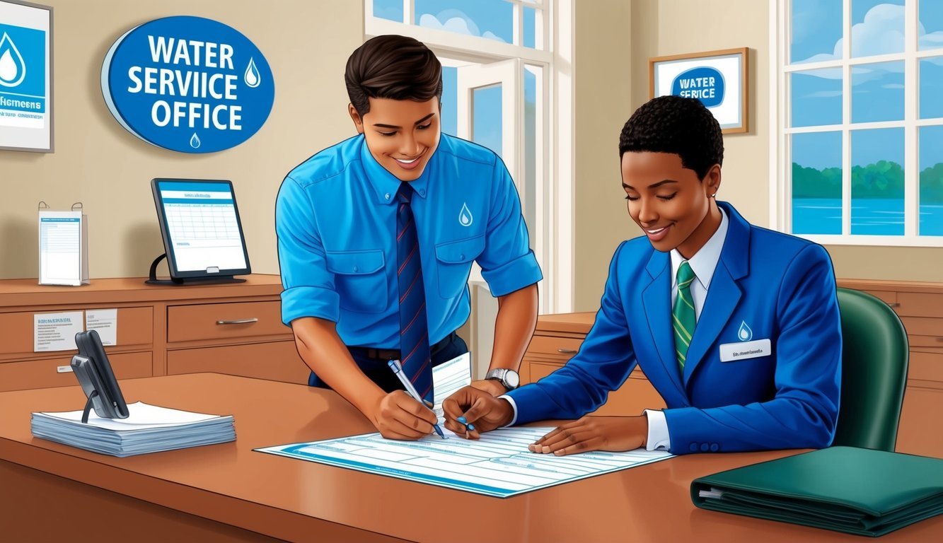 A person filling out a form at a water service office, with a clerk assisting