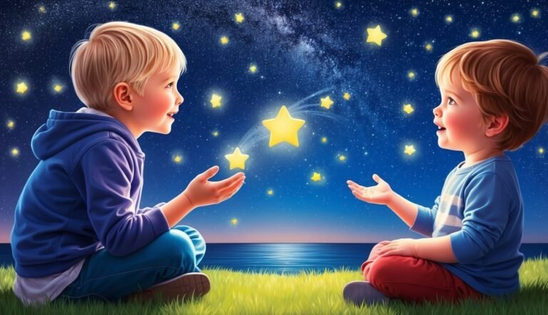 Two children reaching for glowing stars in a night sky