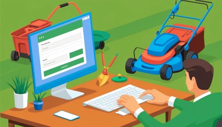 Man filling out online form, lawn care equipment in background