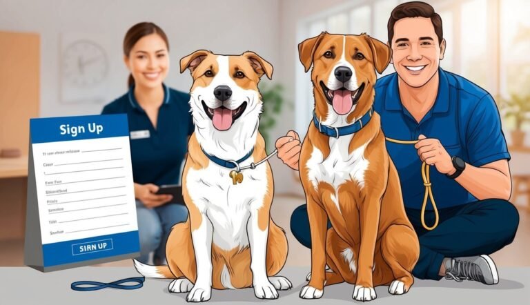 Two dogs, a man, and a woman with a sign-up form