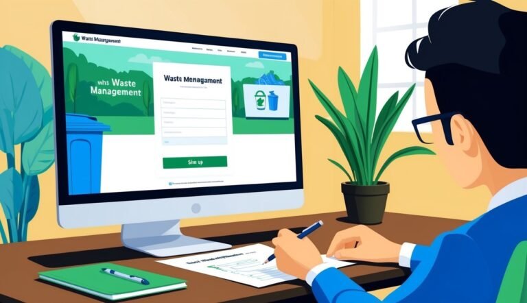 Person signing up for waste management on a computer, with a plant