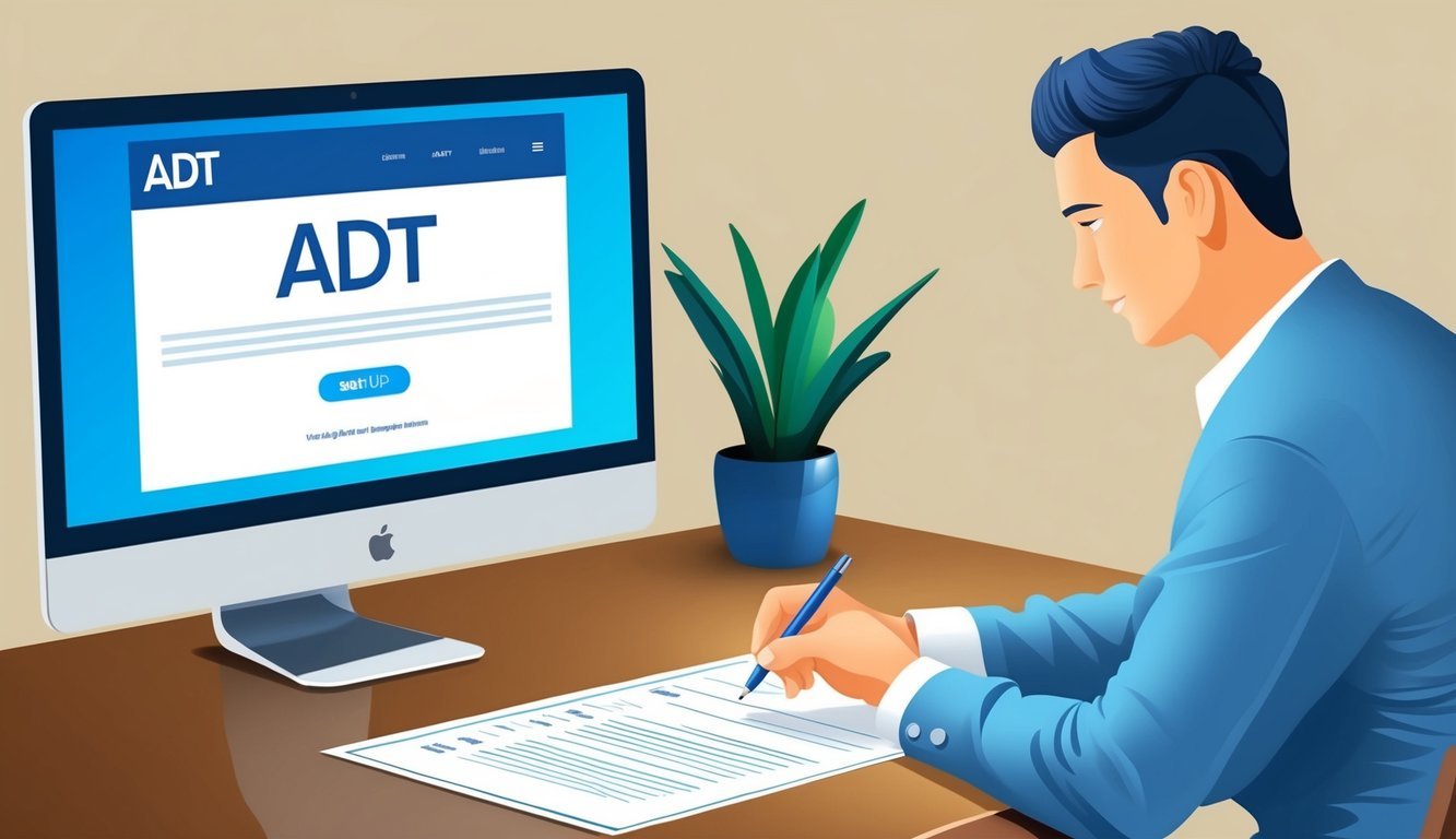 A person sitting at a desk, filling out a form with a pen, while a computer screen displays the ADT website with a sign-up button