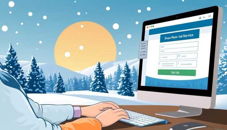 Person using computer to sign up for snow removal service in winter scene