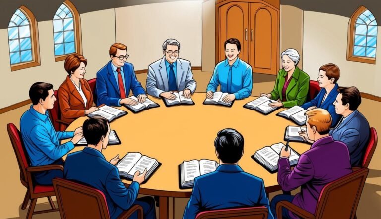 Group of people sitting around a table, reading books