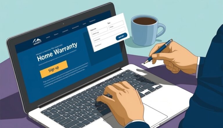 Laptop with home warranty website, person typing, and a coffee mug
