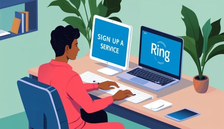 Person signing up for Ring service on a computer and laptop
