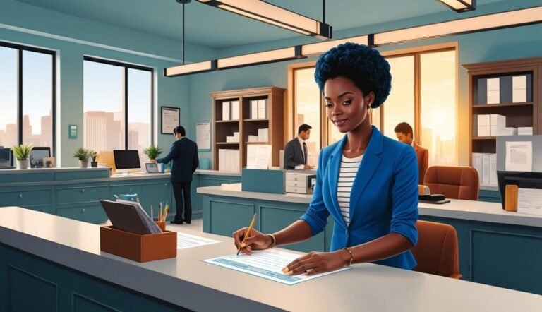 Woman in blue blazer writing at a desk in a modern office