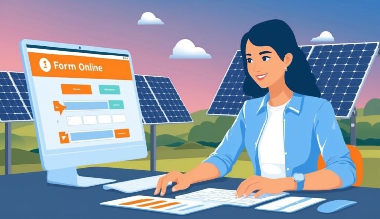 Woman filling out an online form, solar panels in the background