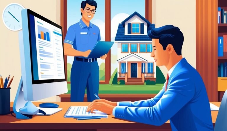 Two men in an office, one working, the other holding a tablet, house in background