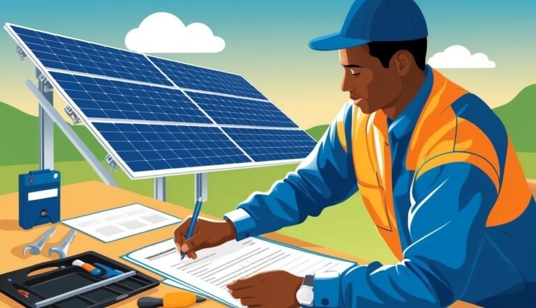 Solar panel technician signing paperwork with tools and equipment nearby
