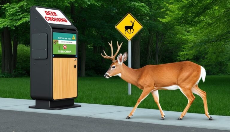 Deer crossing sign, deer, and kiosk on a sidewalk near a forest