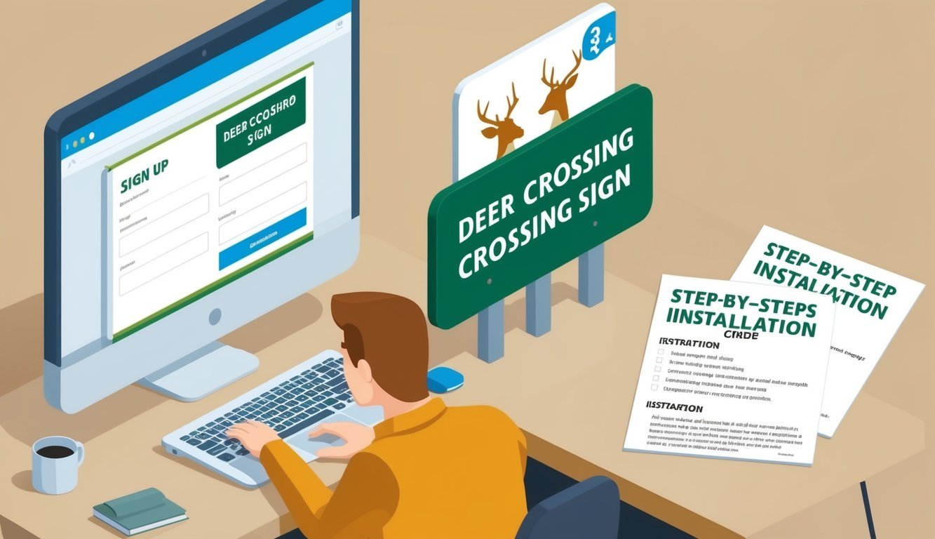 A person filling out a form on a computer to sign up for Deer Crossing Sign, with a step-by-step installation guide nearby