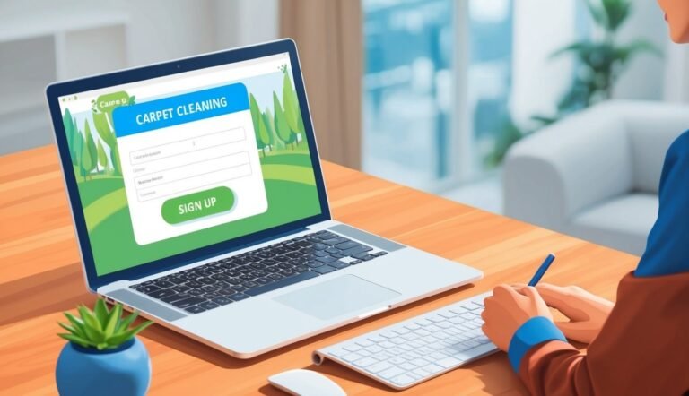 Laptop with carpet cleaning sign-up form, person typing, desk, and plant