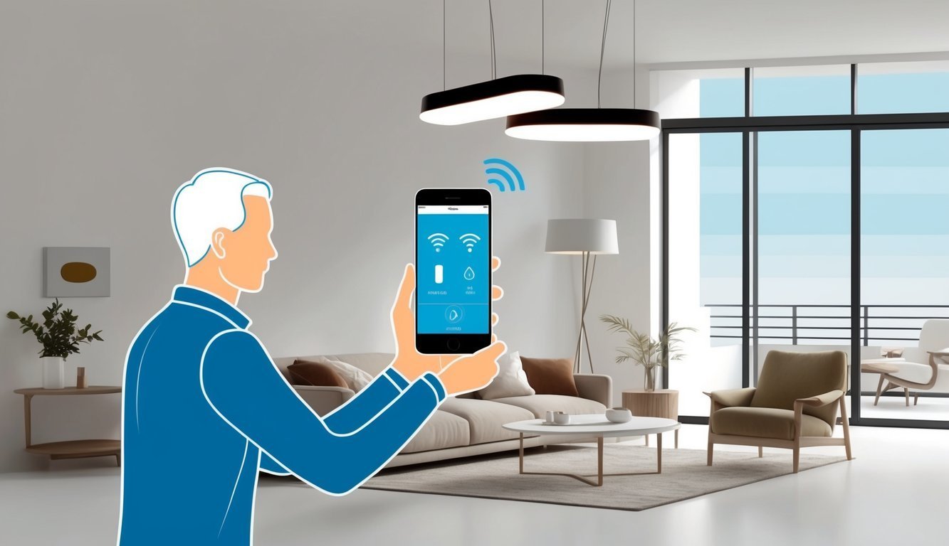 Man using smartphone to control smart home lighting in living room