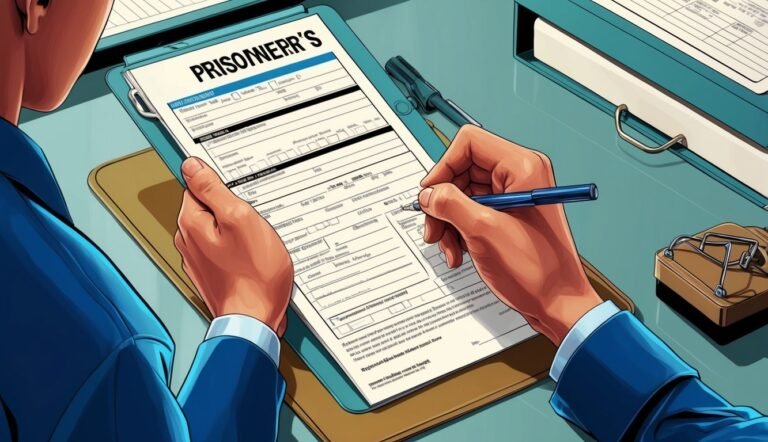 Person in blue suit filling out a "Prisoner's" form with a pen