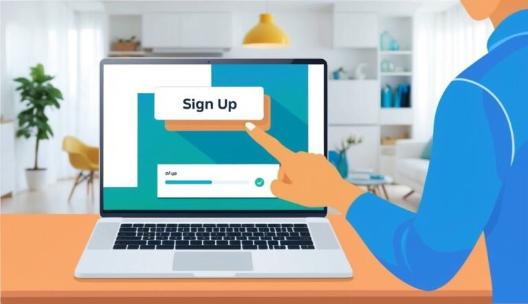 Person signing up on a laptop with a "Sign Up" button on screen