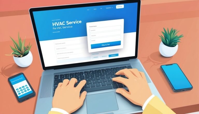 Hands typing on laptop with HVAC service form on the screen