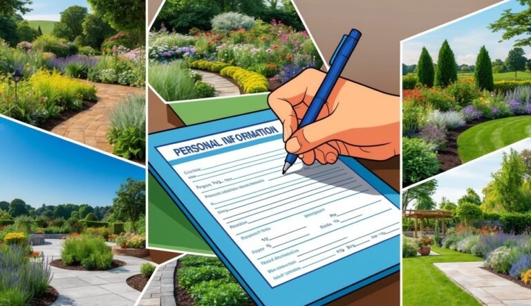 Hand writing on a personal information form with garden images surrounding it