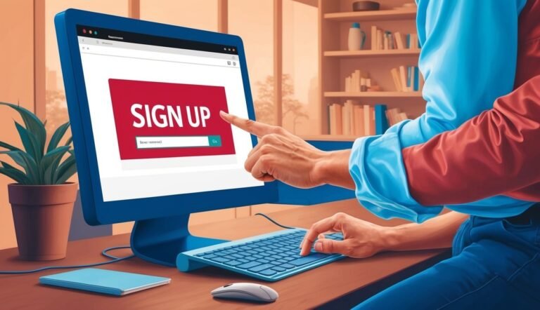 Person signing up on a computer, pointing at the "Sign Up" button