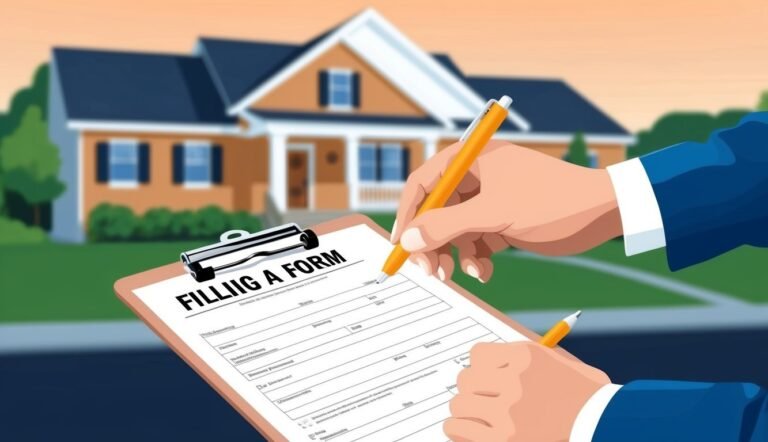 Hands filling out a form with a house in the background