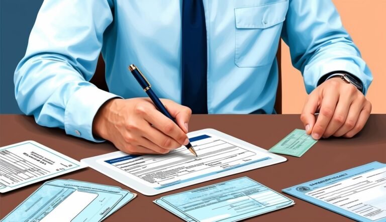 Person in blue shirt writing on a form with a pen, surrounded by documents