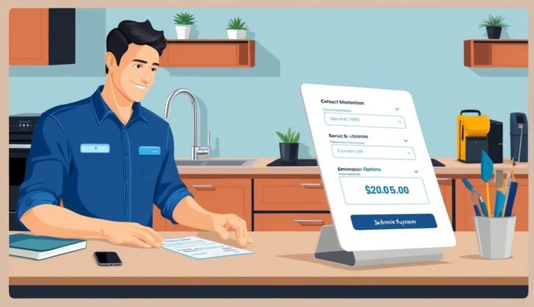 Man smiling at a digital payment screen with $20.05 in a kitchen