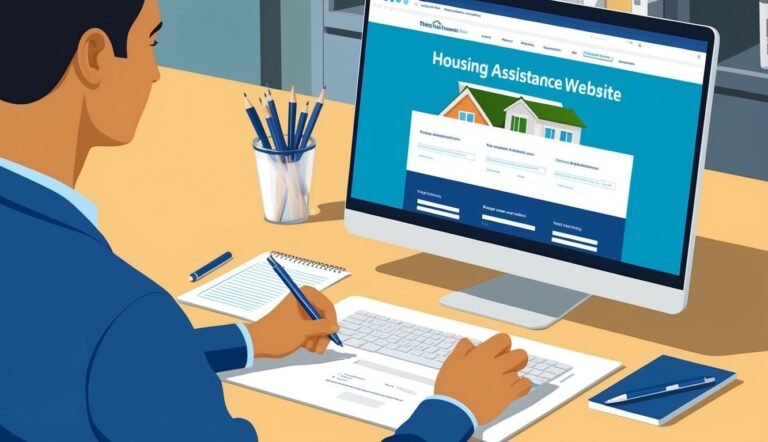 Person working on a computer with a housing assistance website displayed