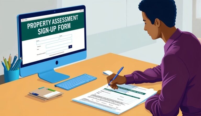 Man filling out property assessment form on desk with computer