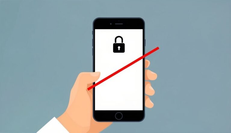 Hand holding a smartphone with a lock icon and a red slash through it
