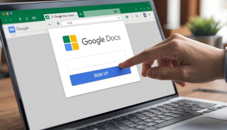 Person's finger pressing "Sign Up" button on Google Docs website