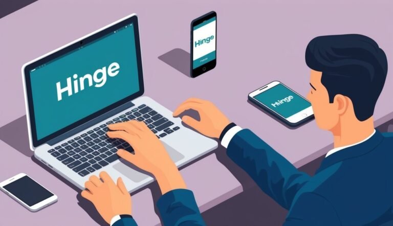 Man using Hinge dating app on laptop and phone