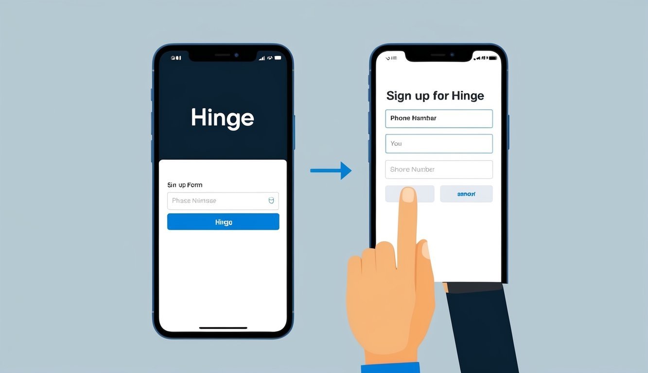 A smartphone with a blank sign-up form for Hinge, and a visible absence of any phone number input field